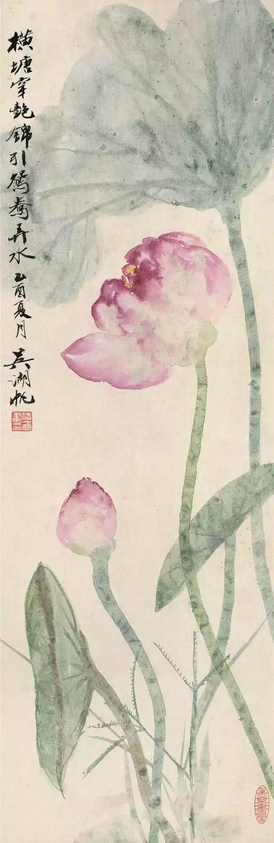 　　174 吴湖帆（1894-1968） 横塘碧荷 设色纸本 镜片 乙酉 1945年作 题识：横塘穿艳锦，引鸳鸯弄水。乙酉夏月，吴湖帆。 钤印：倩盦画印、梅景书屋 65.5×21cm 约1.2平尺 RMB： 50，000-80，000