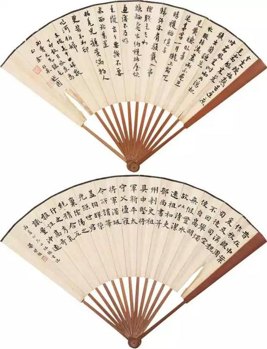 　　142 梁启超（1873-1929） 余绍宋（1883-1949） 临张玄誌·行书《吴中田妇叹》 纸本 成扇 丁卯 1927年作 题识：一、昔在中叶，作牧周殷；爰及汉魏，司徒司空。不因举烛，便自高明；无假置水，故以清洁。远祖和，吏部尚书并州刺史。祖具，中坚将军、新平太守。父荡（荡）寇将军、蒲阪令。所谓华盖相晖，荣光照世。君禀阴阳之纯精，含五行之秀气。雅性高奇，识量冲远。雨苍仁兄正，临张玄誌，梁启超。钤印：启超 二、今年粳稻熟苦迟，庶见霜风来几时。霜风来时雨如泻，杷头出菌鎌生衣。眼枯泪尽雨不尽，忍见黄穗卧青泥！ 茆苫一月垅上宿，天晴获稻随车归。汗流肩赪载入市，价贱乞与如糠粃。卖牛纳税拆屋炊，虑浅不及明年饥。 官今要钱不要米，西北万里招羌儿。龚黄满朝人更苦，不如却作河伯妇！东坡《吴中田妇叹》，丁卯秋月旅京为雨苍大兄录乞正，余绍宋、越园。钤印：余绍宋、越园 说明：1。上款人应为陈璧（1852-1928），字玉苍、雨苍，晚号苏斋，福建侯官人，光绪进士。历任中阁中书，户部侍郎，邮电部尚书兼参预政务大臣。有《望岩堂奏稿》。 20×50cm 约0.9平尺 RMB： 120，000-180，000