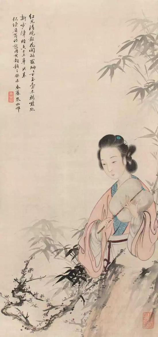　　172 朱梅邨（1911-1993） 暗香清韵 设色绢本 立轴 癸未 1943年作 释文：红儿清晓报花开，妆罢珊珊下玉台。未揭紫丝新步障，暗香已上鼻尖来。偶读眉翁诗，戏用其韵题之。癸未春暮，朱梅邨。 钤印：朱梅邨 65×30cm 约1.8平尺 RMB： 38，000-58，000