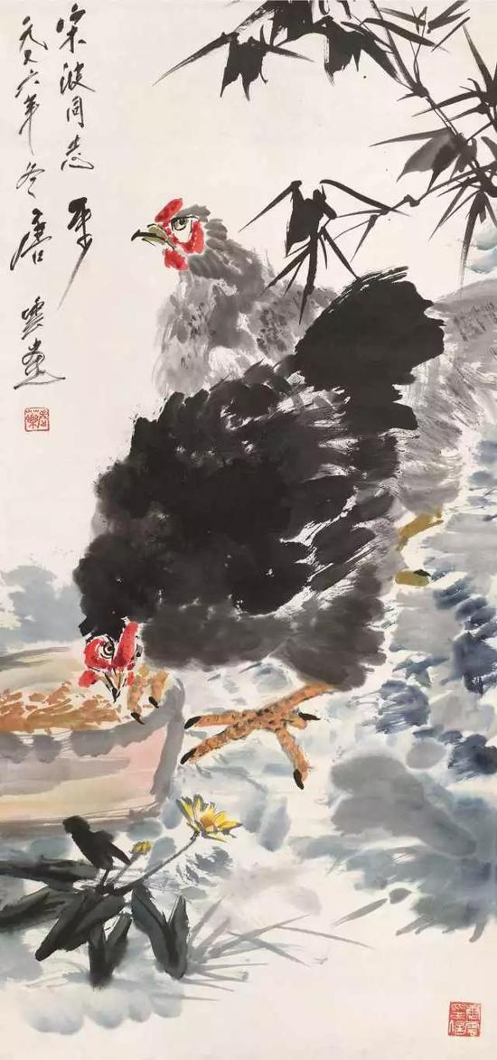 　　149 唐 云（1910-1993） 双吉图 设色纸本 立轴 1976年作 题识：宋波同志属，一九七六年冬，唐云画。 钤印：老药、唐云印信 90×42cm 约3.4平尺 RMB： 80，000-120，000