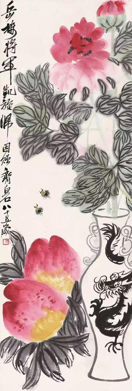 　　222 齐白石（1863-1957） 富贵长寿 设色纸本 镜片 题识：岳楼将军凯旋归，因赠。齐白石八十五岁。 钤印：木人 出版：《长流画廊》 101×34cm 约3.1平尺 RMB： 600，000-900，000