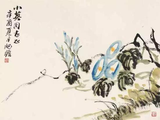 　　150 朱屺瞻（1892-1996） 牵牛花 设色纸本 镜片 辛酉 1981年作 题识：小英同志正，辛酉夏月，屺瞻。 钤印：朱屺瞻 46.5×62cm 约2.6平尺 RMB： 18，000-28，000