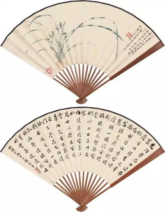 　　166 张伯驹（1897-1982） 张新曾 素心花·行书 设色纸本 成扇 画款：予怀渺渺或清芬，独抱幽香世不闻。作佩勿忘当路戒，素心花对素心人。张伯驹写兰并题，以为伯璜先生惠赏。 钤印：张伯驹印、花好月圆人长寿 书款：先朝董思白 ，清韩慕庐，皆以鲜秀之笔，作为制艺，取重当时。思翁犹是庆历规模，慕庐则一扫从前横疏舒放，愈不整齐，愈觉姘妙。二公并以大宗伯归老于家，享江山儿女之乐。方伯川、灵皋 两先生出慕庐门下，学其文而精思刻酷过之。然一片怨词，满纸凄调。百川早世，灵皋晚达于时。伯璜仁兄正之，张新曾时年八十八岁。钤印：甲辰进士 简介：一、张伯驹，字丛碧，别号游春主人、好好先生，室名丛碧山房、平复堂，寓名似园，河南项城人。文物收藏家、戏剧家、诗人，与张学良、袁寒云、溥侗并称“民国四公子”。历任燕京大学艺术系导师、吉林省博物馆馆长、中央文史馆馆员等。 二、张新曾，字焕宸，山东淄博博山人，清朝政治人物、进士出身。光绪二十九年，登进士二甲第八十五名。担任昌黎县知事，后升任工部主事。 19×50cm×2 每幅约0.9平尺 RMB： 60，000-90，000