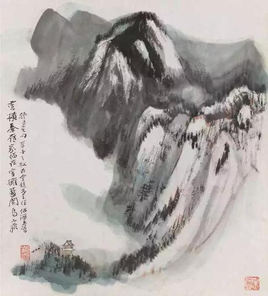 　　158 何海霞（1908-1998） 云横秦岭 设色纸本 镜框 辛酉 1981年作 题识：云横秦岭家何在，雪拥蓝关马不前。韩退之句，辛酉之秋，为金题先生作，何海霞。 钤印：海霞、老何 26×23cm 约0.5平尺 RMB： 68，000-98，000