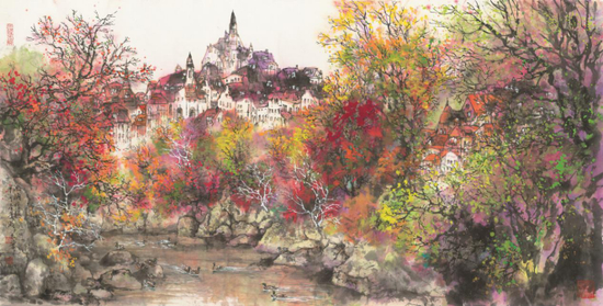 《池塘鸭趣》&nbsp;&nbsp;68×138cm