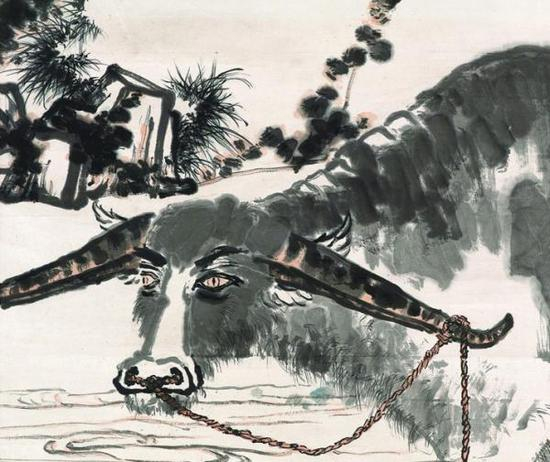 小石联接牛体与大石相间而成连贯之势。贯鼻的牛绳断连承接，既严密又疏宕多变，丝毫不见怠懈。