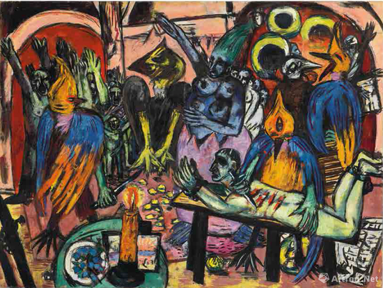 　　马克斯·贝克曼&nbsp;鸟的地狱 Hölle der Vögel 1938年 　布面油画 120 x 160.5cm 成交价：36，005，000英镑（3.14亿元）