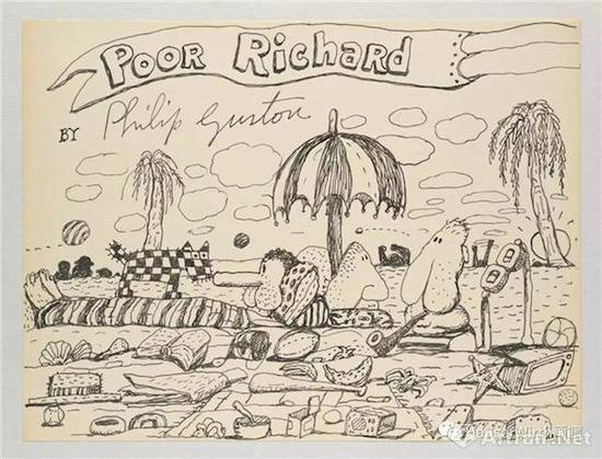 菲利普-加斯顿（Philip Guston），《无题（可怜的理查德系列）》（Untitled，（Poor Richard）），1971，纸 墨水，26.7 x 35.2 厘米 / 10 1/2 x 13 7/8 英寸。摄影：Genevieve Hanson，© 菲利普-加斯顿资产，图片：菲利普-加斯顿资产 豪瑟沃斯