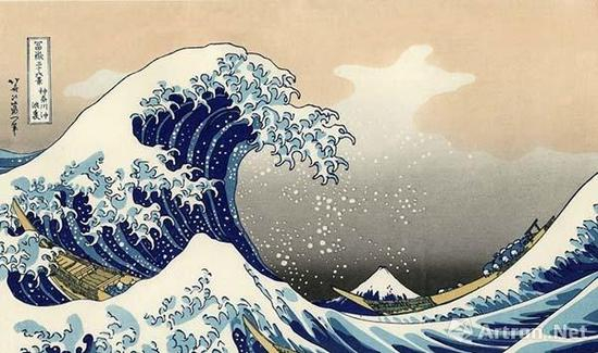 　　《神奈川冲浪里》，葛饰北斋，创作于1831年，此为版画，原画已毁，早期印刷品分别藏于东京富士美术馆、大英博物馆、大都会艺术博物馆等