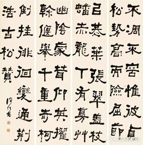 隶书《古松赞》 &nbsp;尺寸：133x32cmx4 &nbsp;成交价：RMB &nbsp;2357500 &nbsp;北京匡时国际拍卖