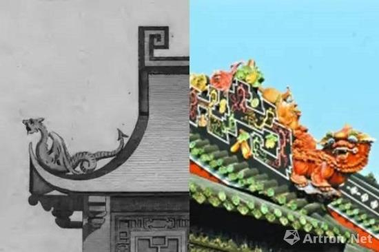 钱伯斯龙形脊饰（左）与广州陈家祠屋脊灰塑（右）对比