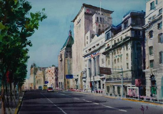 百年外滩-清晨， 56x76cm， 2014年