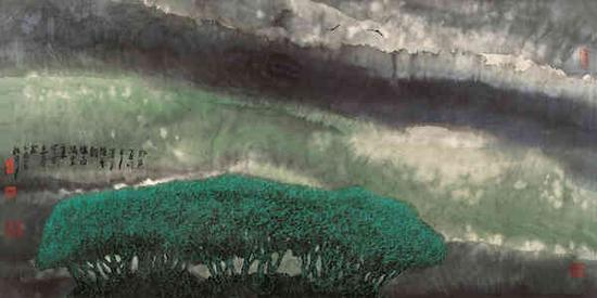 周韶华，《楚天听雨》，纸本水墨，68cm×136cm，2005