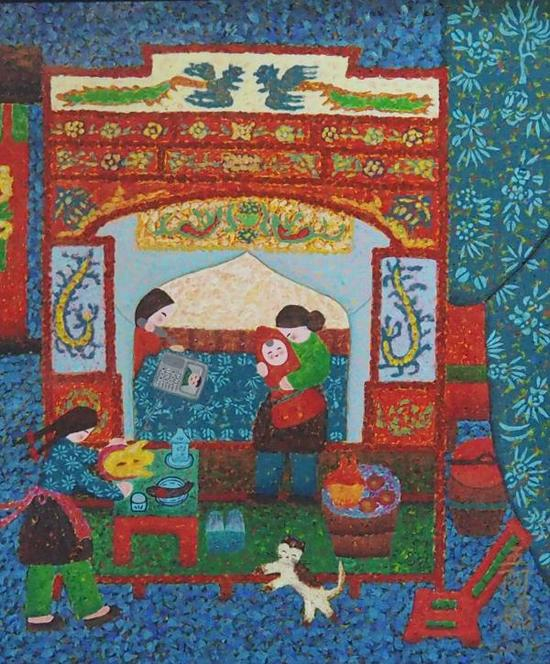 王阿妮《报喜》未来区域展出的金山农民画则采用油画、丙烯、磨漆和创意衍生产品等方式来创新表达。