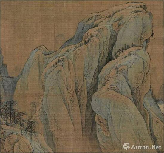 赵伯驹《江山秋色图》卷（故宫博物院藏）的色彩横向结构是：（勾斫+赭石+石绿）-（勾斫+赭石+石青）