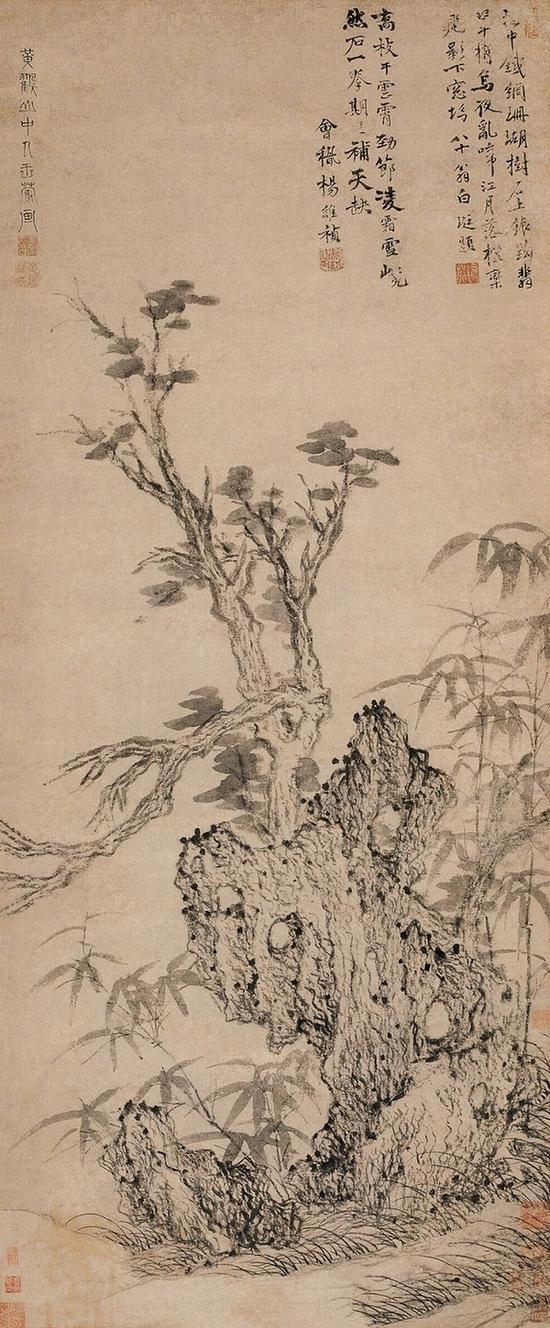 王蒙《霜柯竹石图轴》