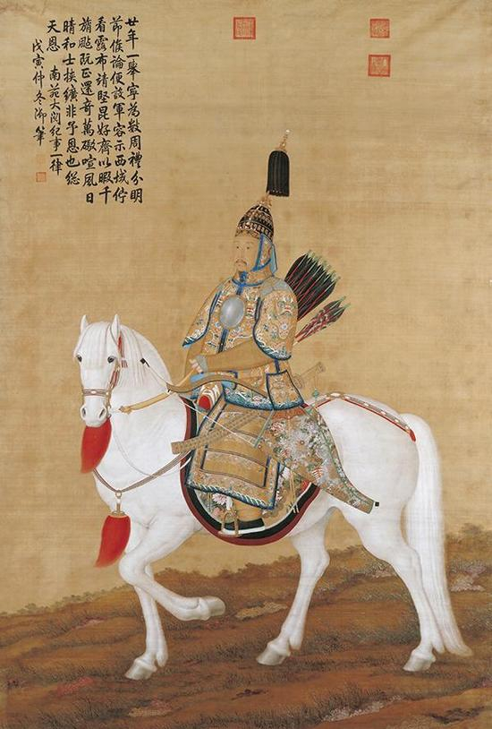 《弘历盔甲乘马图像轴》，绢本设色，430×288cm，清，故宫博物院藏