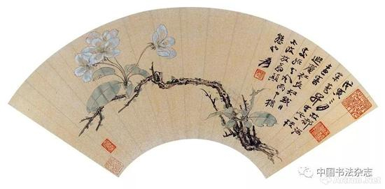 张大千&nbsp; 国画海棠为叶恭绰作扇面&nbsp; 1938年&nbsp; 香港钟志森藏