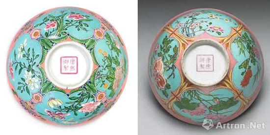 　　左：“康熙御制”款粉红地珐琅彩开光花卉碗 香港苏富比2018春 　　嫣绯金炼-奈特典藏珐琅彩碗 HK0797 　　右：清康熙 瓷胎画珐琅粉红地花卉纹碗 　　台北故宫博物院藏