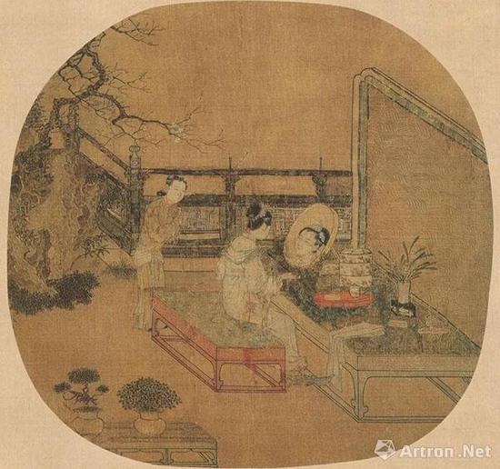 [宋]苏汉臣《妆靓仕女图》 &nbsp;绢本设色 &nbsp;25.2×26.7厘米 &nbsp;美国波士顿博物馆藏