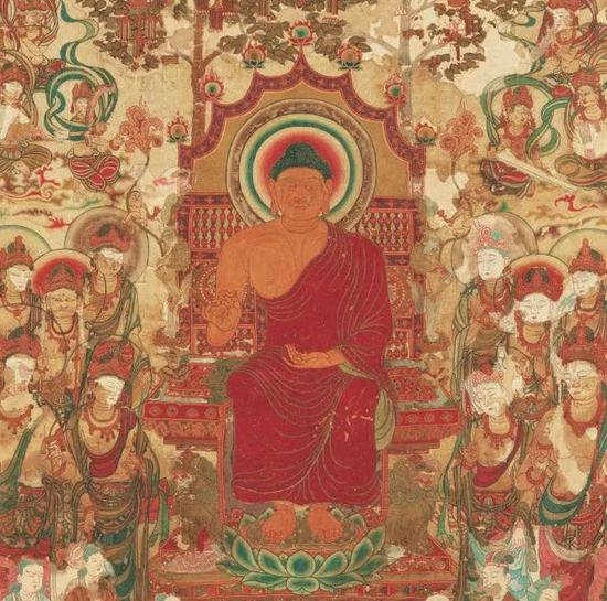 ▲国宝《刺绣释迦如来说法图》（局部），飞鸟时代，奈良国立博物馆藏