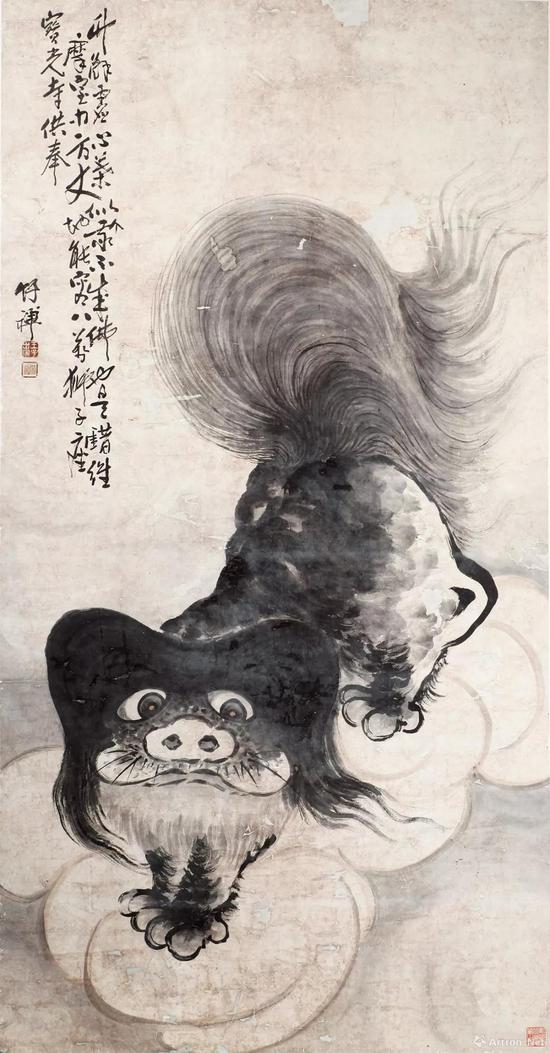 清代 &nbsp;竹禅《墨狮图》立轴 &nbsp;纸本水墨 &nbsp;181×94厘米 &nbsp;宝光寺藏