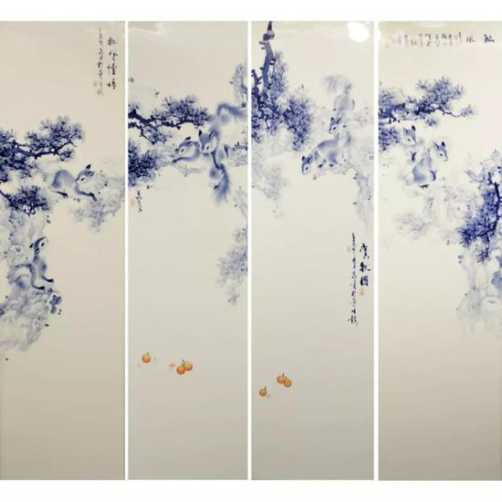 青花松鼠瓷板一套 &nbsp;111cm×31cm×4