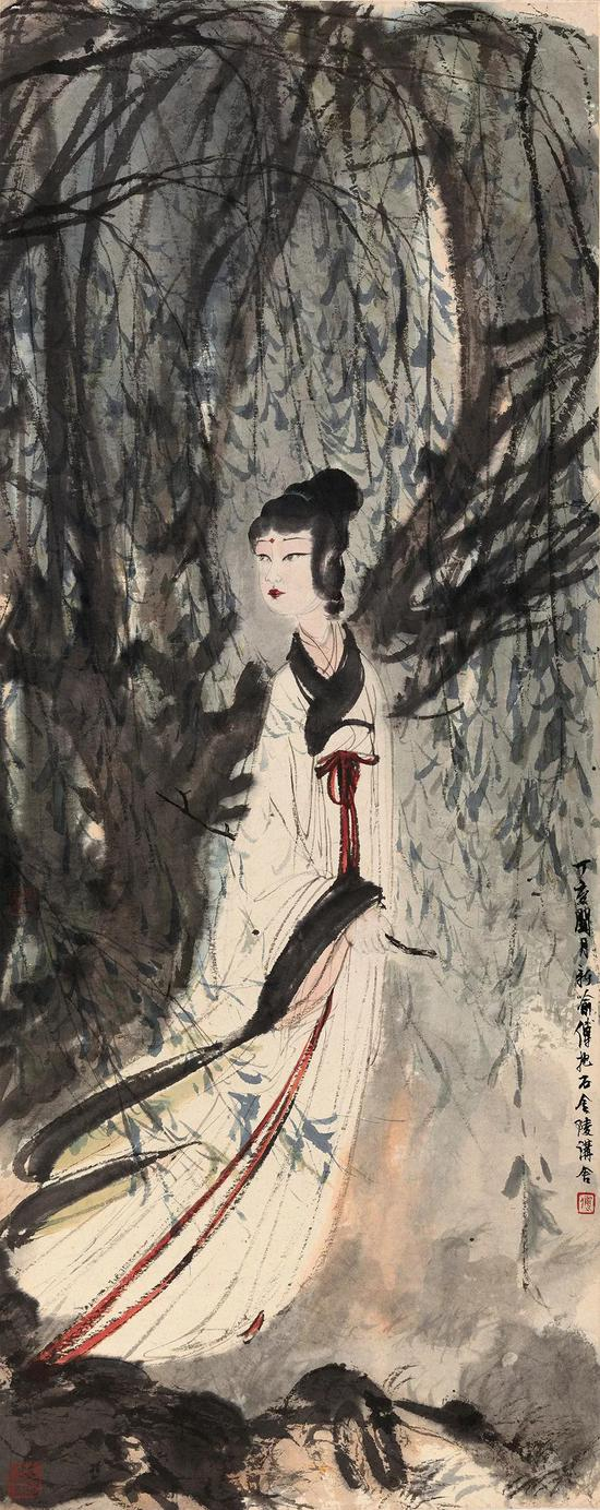 傅抱石 柳荫仕女&nbsp; 镜心 设色纸本&nbsp; 105.5×42 cm&nbsp; 成交价：RMB 17，825，000
