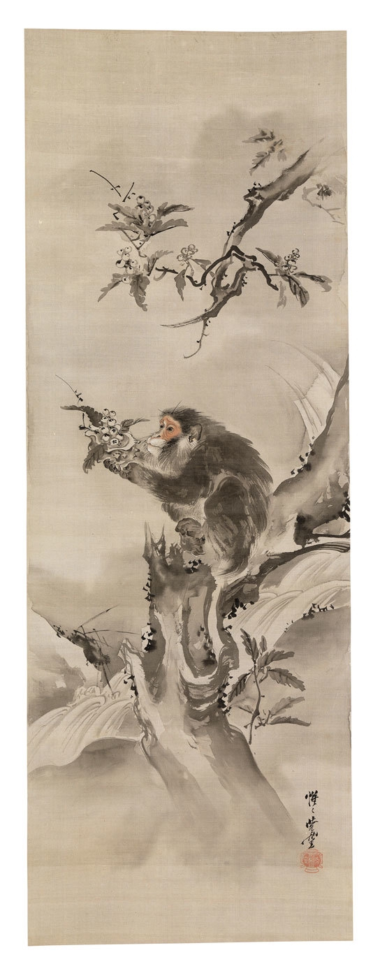 河锅晓斋，《河边树上的猴子》（双联画的右手卷），&nbsp;1888年5月