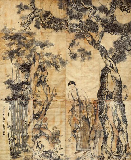 清代 &nbsp;竹禅《捧沙献佛图》 设色纸本 &nbsp;582×480厘米 &nbsp;宝光寺藏