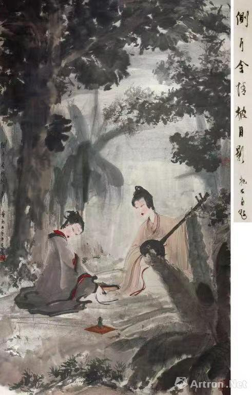 傅抱石&nbsp;《侧耳含情披月影》 113.5×66cm