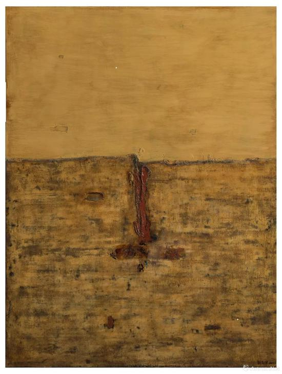 翁纪军，《古格印象系列之2013-1》，2013年，木板 大漆 苎麻，122x92cm