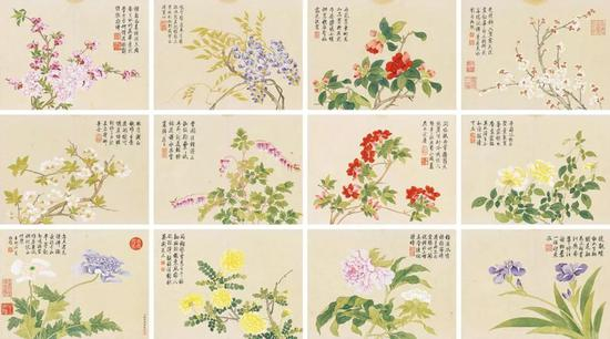 钱维城 花卉册&nbsp;&nbsp; 册页（十二开） 设色纸本&nbsp;&nbsp; 27.5×37 cm（每幅）&nbsp; 成交价：RMB 66，700，000