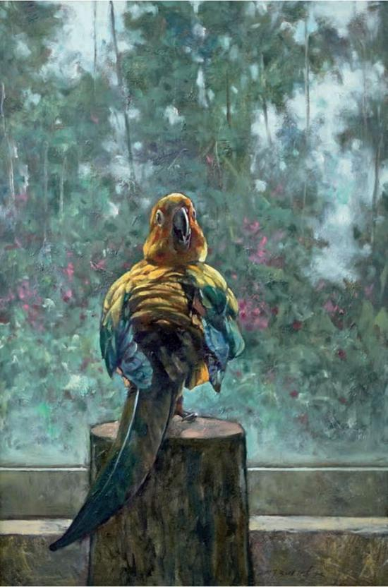 《窗前的小鸟》，布面油画，90 × 60 cm，2017