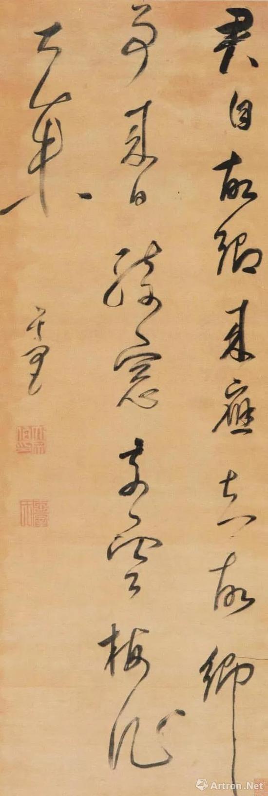 董其昌《王维五绝诗轴》绫本行书 154.5×54cm 南京博物院藏 释文：君自故乡来，应知故乡事。来日绮窗前，寒梅著花未？   款署：其昌。钤印：大宗伯印（白文）、玄宰氏（朱白文）