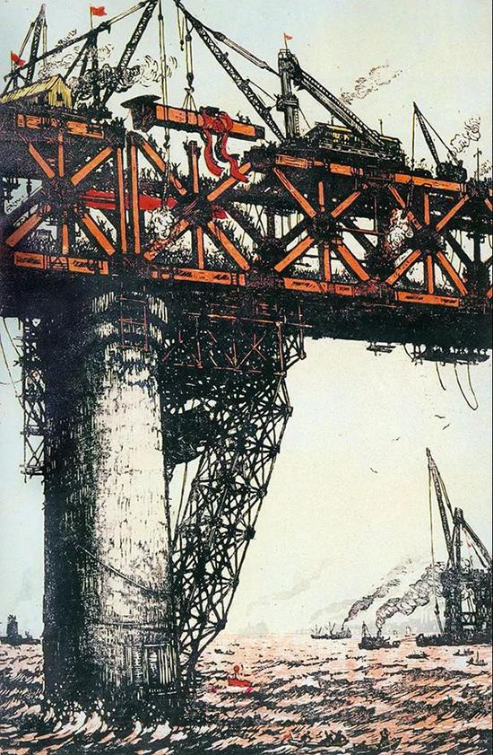 武石 最后一根钢梁 80.5×53.5cm&nbsp;版画 1957年 湖北美术馆藏