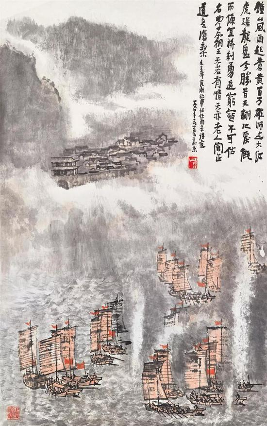 拍品编号1375&nbsp;李可染《百万雄师过大江》&nbsp;设色纸本 立轴镜框&nbsp;96.2 x 60.3 cm。