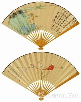张大千、于非闇《登临远眺·白梅丹禽》成扇（2015年嘉德241.5万元成交）