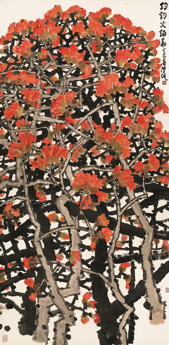 陈琪，《灼灼的火焰花》，中国画，248×123cm