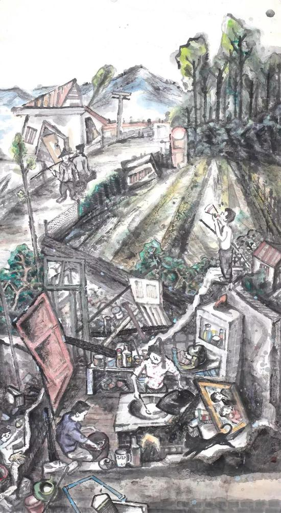 赵盼超《震后：生活还要继续》，水墨，180×97cm