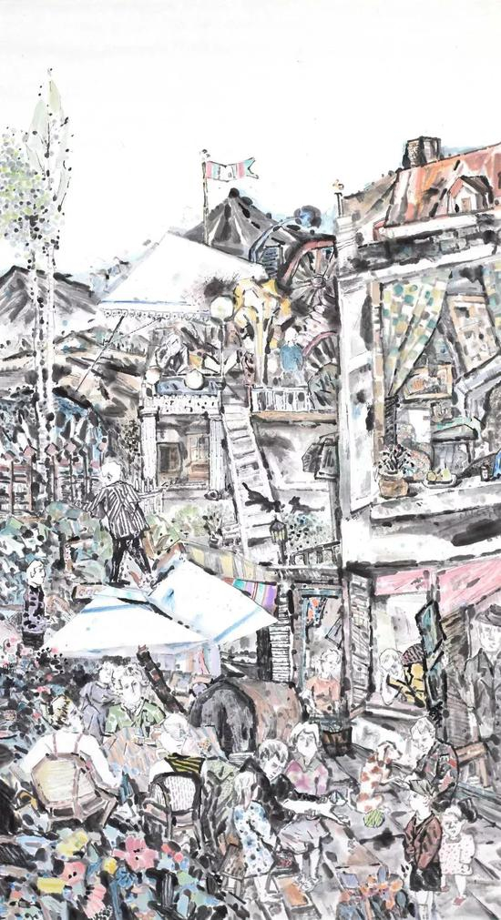 赵盼超《景—人：都市物语》，水墨，180×97cm
