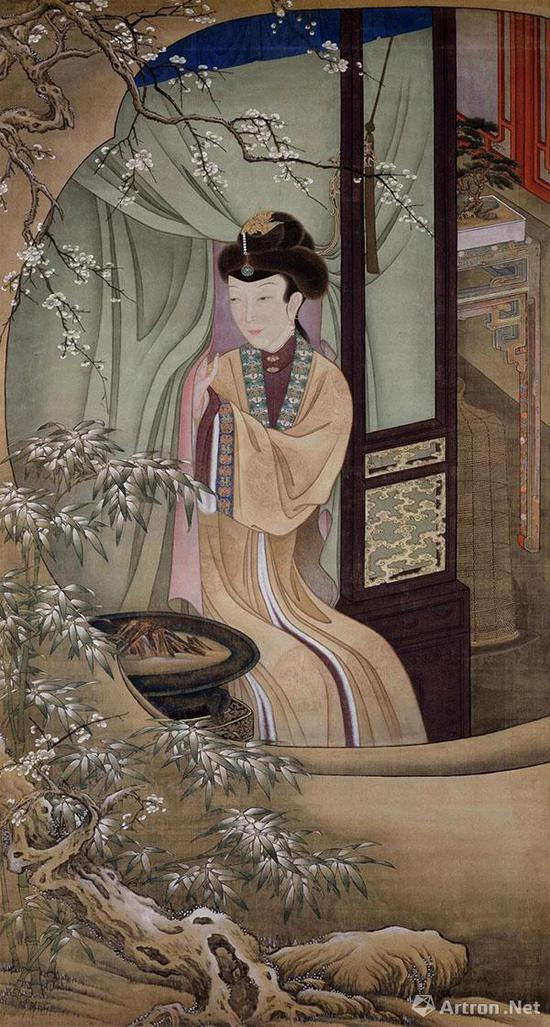 [清]胤禛《十二美人图》之《烘炉观雪》 &nbsp;绢本设色 &nbsp;184×198厘米 &nbsp;故宫博物院藏