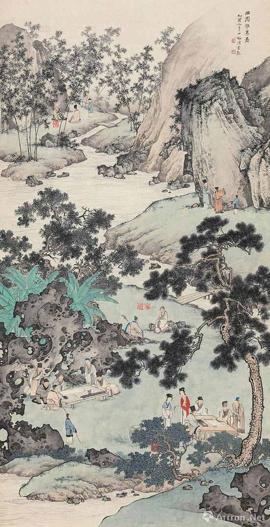 画中赋诗、作画三组代表儒家、弹琴代表了道家，问道代表了佛家，画中蕴含着儒释道的思想和精神，这正是南宗文人画所追求的意境