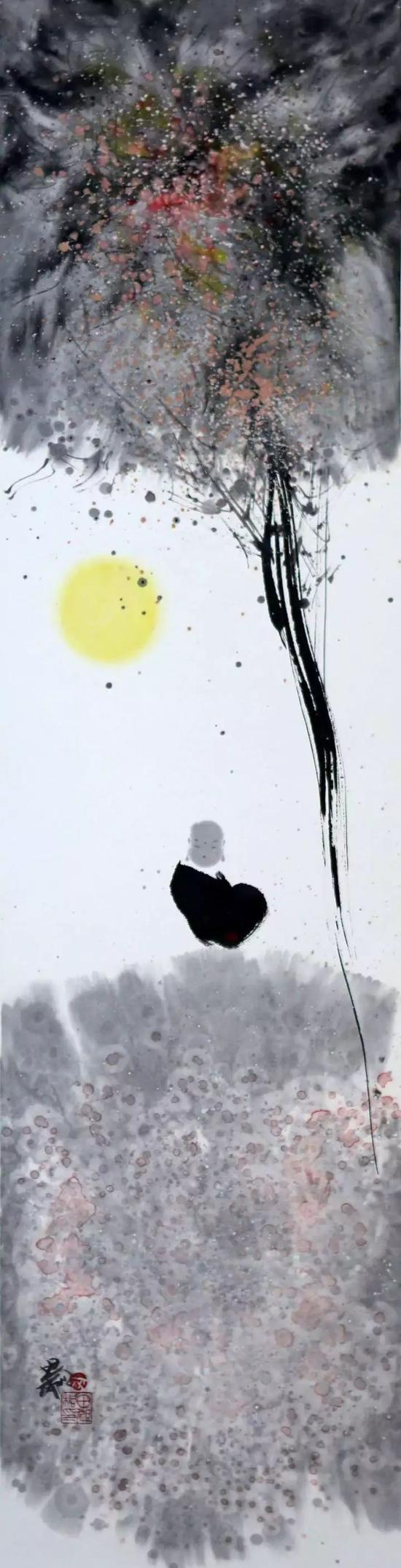 《闲花落地听无声》，纸本水墨，136×34cm，2012年作