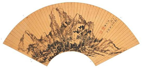 李日华《仿元人笔意山水》扇面。