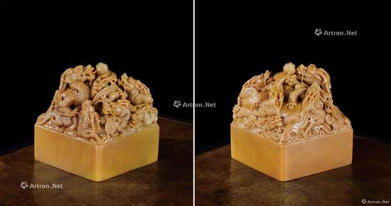 郭祥忍 寿山田黄石“九龙戏珠”钮玺 9.3×9.3×11cm；重1709.5g
