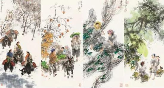 王明明 四季风情 镜心 97×44.5cm×4