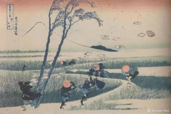 　　葛饰北斎“冨岳三十六景　骏州江尻”、1830-33、横大判锦絵、25.4 x 37.5cm、オーストリア応用美术馆、ウィーン、p.208