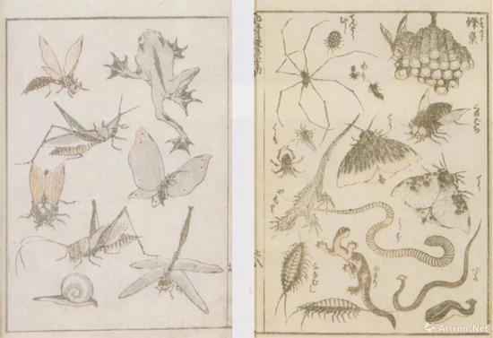 　　葛饰北斎“北斎漫画”初编、1814、墨摺、淡彩摺、22.9 x 15.7 cm、浦上苍穹堂 /“北斎漫画”二编、1815、墨摺、淡彩摺、22.8 x 15.8 cm、浦上苍穹堂、p。 43