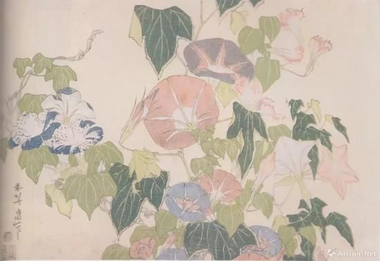 葛饰北斎“朝顔に蛙”、1831-33年顷、横大判锦絵、24 x 36.4cm、ミネアポリス美术馆、p。 175